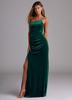 Azazie Eren Bridesmaid Dresses Emerald Sheath One Shoulder Velvet Dress image1