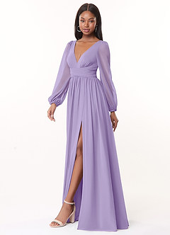 Azazie Norah Bridesmaid Dresses Lilac A-Line V-Neck Long Sleeve Chiffon Dress image4