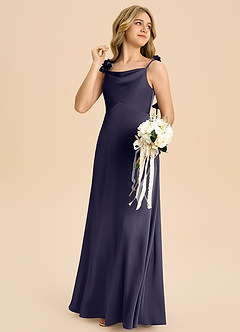 Azazie Gumdrop Junior Robe Empire en Satin extensible Plissée Bleu Orageux image4