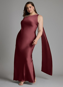 Azazie Juniper Bridesmaid Dresses Merlot Mermaid One Shoulder Stretch Satin Dress image9