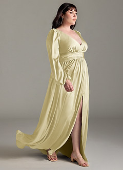 Azazie Norah Robes de demoiselle d'honneur Robe Trapèze en Satin extensible Sorbet Citron image10