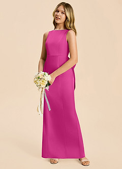 Azazie Emi Junior Fuchsia Sheath Bow Stretch Satin Dress image2