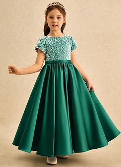 Azazie Cashew Robe Demoiselle D'honneur Fillette Robe Princesse en Mat Satiné avec manches émeraude image4