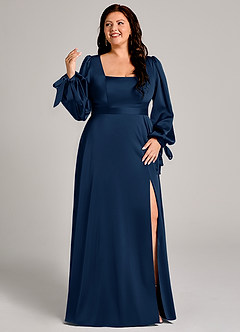 Azazie Leonia Bridesmaid Dresses Dark Navy A-Line Long Sleeve Stretch Satin Dress image10