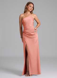 Azazie Eren Bridesmaid Dresses Coral Mermaid One Shoulder Stretch Satin Dress image4