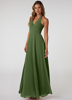 Azazie Tessie Bridesmaid Dresses Olive A-Line V-Neck Pleated Chiffon Dress image3