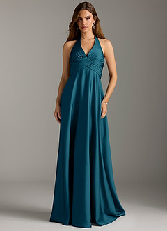 Azazie Tessie Bridesmaid Dresses Ink Blue A-Line Pleated Stretch Satin Dress image3
