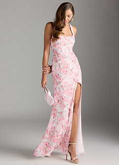 Azazie Mero Bridesmaid Dresses Abstract Watercolor Floral Sheath Pleated Chiffon Dress image4