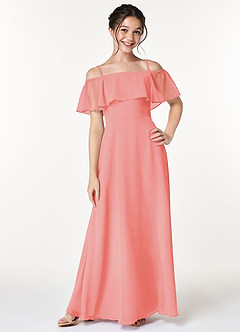 Azazie Maggie Junior Coral A-Line Off the Shoulder Chiffon Dress image3