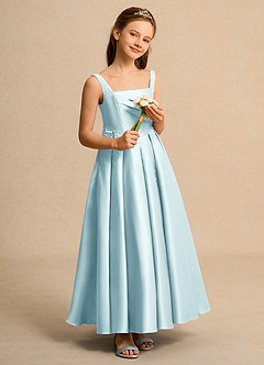 Azazie Mochi Girls Formal Flower Girl Dresses Sea Glass Ball-Gown Pleated Matte Satin Dress image4