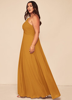 Azazie Ginger Bridesmaid Dresses Butterscotch A-Line Halter Pleated Chiffon Dress image13