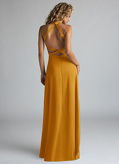 Azazie Clarice Bridesmaid Dresses Butterscotch A-Line High Neck Stretch Satin Dress image3