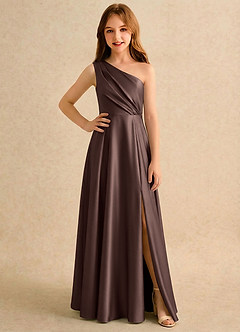 Azazie Puddles Girls Formal Robe Demoiselle D'honneur Fillette Robe Trapèze en Satin extensible Une épaule Ganache image1
