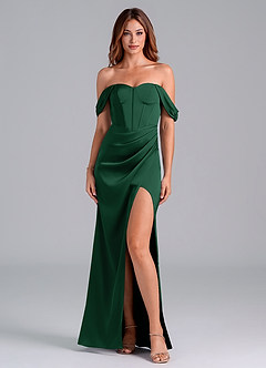 Azazie Asha Bridesmaid Dresses Dark Green Sheath Off the Shoulder Stretch Satin Convertible Dress image1