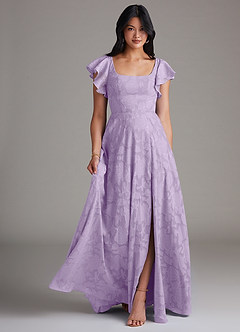 Azazie Bondi Bridesmaid Dresses Lilac A-Line Side Slit Floral Burnout Dress image1