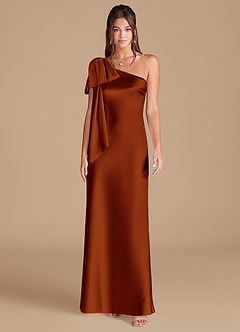 Azazie Capri Bridesmaid Dresses Auburn Sheath One Shoulder Metallic Satin Dress image3