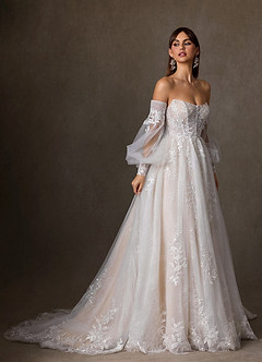 Azazie Elowyn Wedding Dresses Diamond White Champagne Ball-Gown Strapless Lace Dress image1