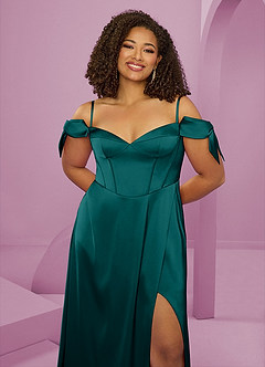 Barbie ♥ Azazie Bridesmaid Dresses Peacock A-Line Off the Shoulder Stretch Satin Dress image6