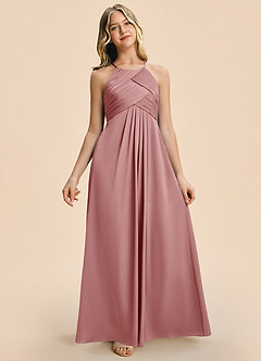 Azazie Ginny Junior Vestido Rosa Polvorienta de Satén Elástico de Corte en A con Plisado image3