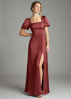 Azazie Fyona Robes de demoiselle d'honneur Robe Trapèze en Satin extensible Plissé Terracotta image9
