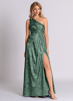 Azazie Brooke 신부 들러리 드레스 A라인 한쪽 어깨 자카드 바닥 길이 드레스 image1