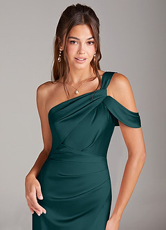 Azazie Wynter Bridesmaid Dresses Pine Sheath Off the Shoulder Stretch Satin Dress image5