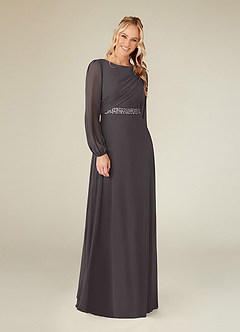 Azazie Priyanka vestidos de madre de la novia Vestido de Gris Acero de Gasa de Corte En A con Cuello barco plisado image1