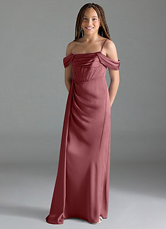 Azazie Amyra Junior Desert Rose Sheath Off the Shoulder Stretch Satin Dress image4