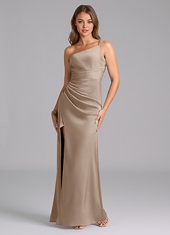 Azazie Eren Bridesmaid Dresses Taupe Mermaid One Shoulder Stretch Satin Dress image5
