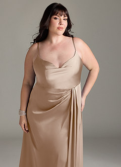 Azazie Brielle Bridesmaid Dresses Taupe A-Line Cowl Spaghetti Straps Stretch Satin Dress image11