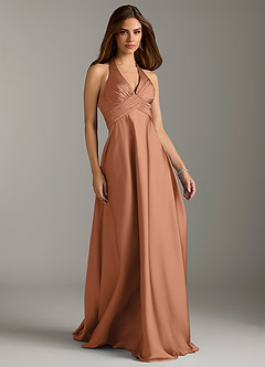 Azazie Tessie Bridesmaid Dresses Bronzer A-Line Pleated Stretch Satin Dress image1