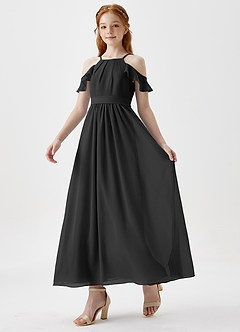 Azazie Chaya Junior Black A-Line Off the Shoulder Chiffon Dress image5