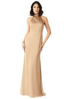 Azazie x Delaney Bridesmaid Dresses Champagne Sheath High Neck Stretch Satin Dress image1