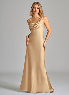 Azazie Celina Jurken voor bruidsmeisjes Jurk van Stretch Satijn met Kolom Off the Shoulder Champagne image3
