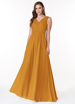 Azazie Flora Bridesmaid Dresses Butterscotch A-Line Pleated Chiffon Dress image1