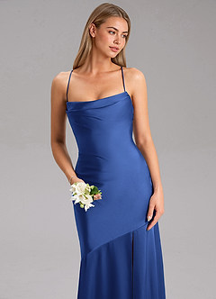 Azazie Grata Bridesmaid Dresses Royal Blue Sheath Side Slit Stretch Satin Dress image6