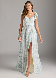 Azazie Nalin Bridesmaid Dresses Blue And White Ditsy Floral A-Line Ruched Chiffon Dress image3
