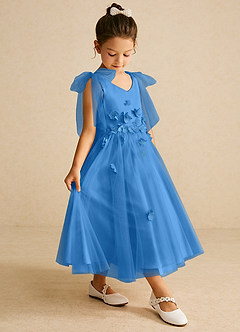 Azazie Minia Flower Girl Dresses Blue Jay A-Line Bow Matte Satin Dress image3