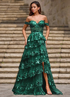 Glitz Green Ruffled A-line Prom Dress image4