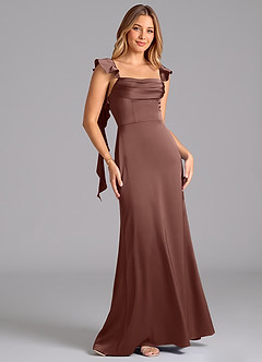 Azazie Adi Bridesmaid Dresses Espresso A-Line Pleated Stretch Satin Dress image5