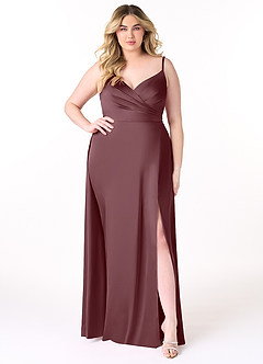 Azazie Dalilah Vestidos de damas de honor Vestido de Sangrado de Satén Elástico de Corte en A con Cuello en V plisado image6