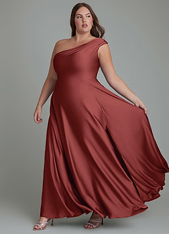 Azazie Melanie Bridesmaid Dresses Terracotta A-Line Off the Shoulder Stretch Satin Dress image10