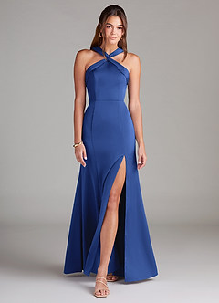 Azazie Rue Bridesmaid Dresses Royal Blue A-Line Pleated Stretch Satin Dress image3