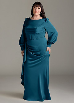 Azazie Raye Robes de demoiselle d'honneur Robe Sirène en Satin extensible Manche longue Bleu Encre image10