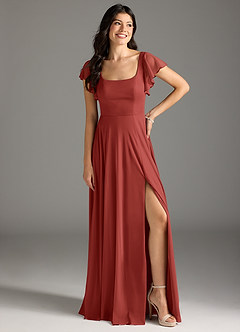 Azazie Bondi Bridesmaid Dresses Terracotta A-Line Ruched Mesh Dress image2
