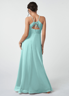 Azazie Avelina Junior Aqua A-Line Pleated Chiffon Dress image3