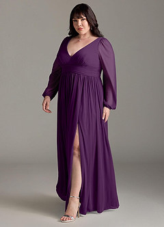 Azazie Norah Bridesmaid Dresses Grape A-Line V-Neck Long Sleeve Chiffon Dress image11