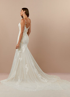 Azazie Camlynn Wedding Dresses Diamond White Champagne Mermaid V-Neck Sequins Tulle Dress image4