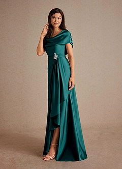 Azazie Branford Mother of the Bride Dresses Peacock A-Line Pleated Stretch Satin Dress image2