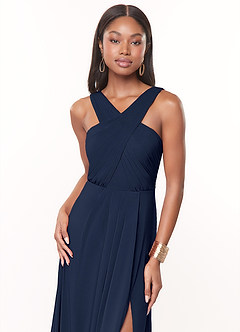 Azazie Brandie Bridesmaid Dresses Dark Navy A-Line Pleated Stretch Chiffon Dress image5